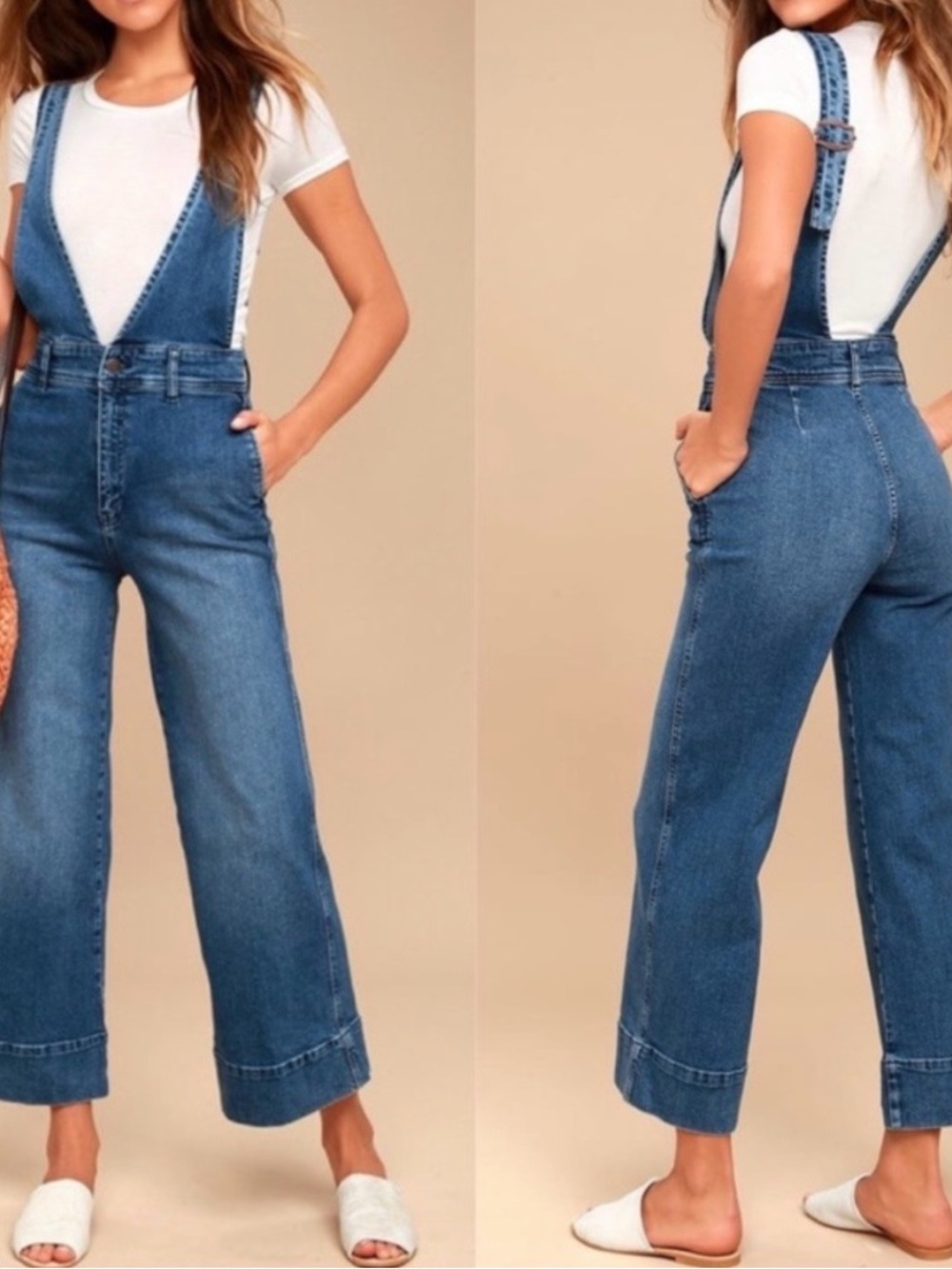 Free People wide leg medium wash denim overalls A-line sz 4 excellent